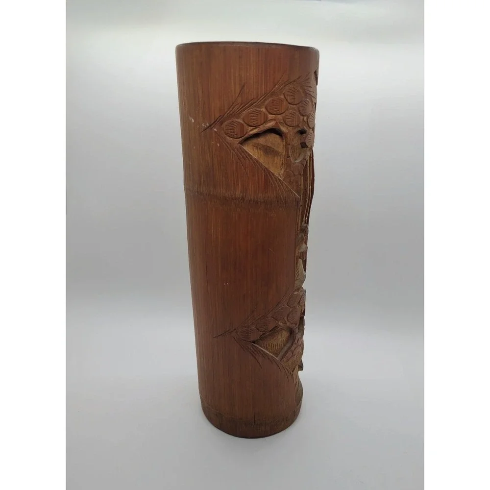 Chinese Bamboo Brush‎ Pot Carved Wooden Asian Flower Vase
